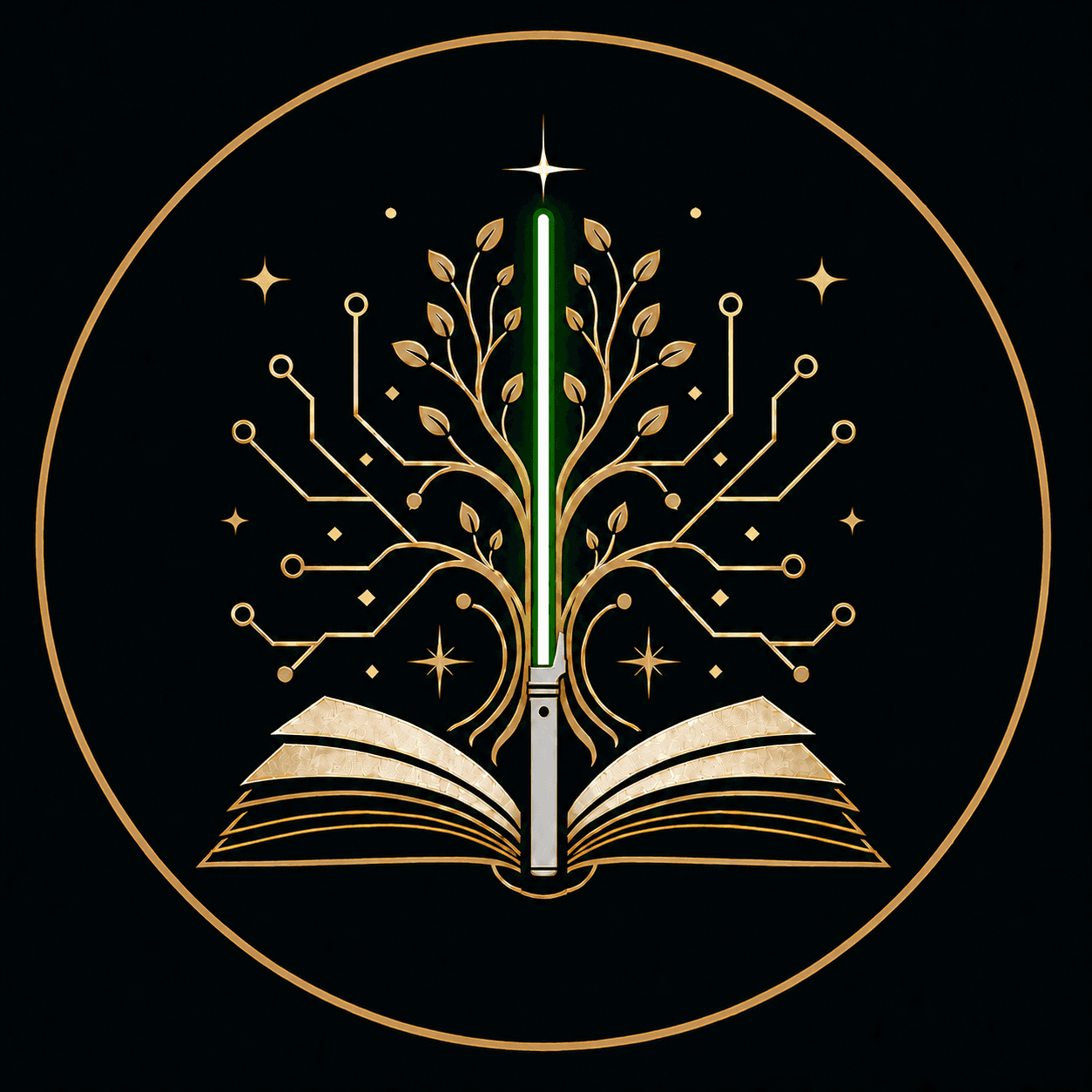 Ældern Tomes emblem: a gold tree and open book with a green lightsaber